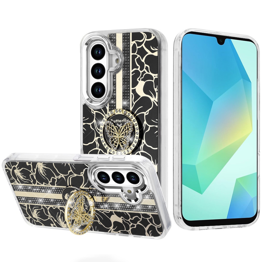 for samsung a16 5g splendid floral designs with metal camera and buttons with butterfly ring stand hybrid case black