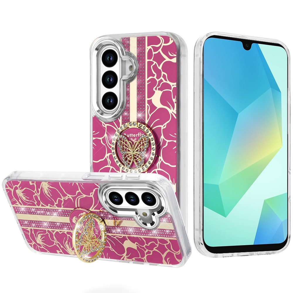for samsung a16 5g splendid floral designs with metal camera and buttons with butterfly ring stand hybrid case hot pink