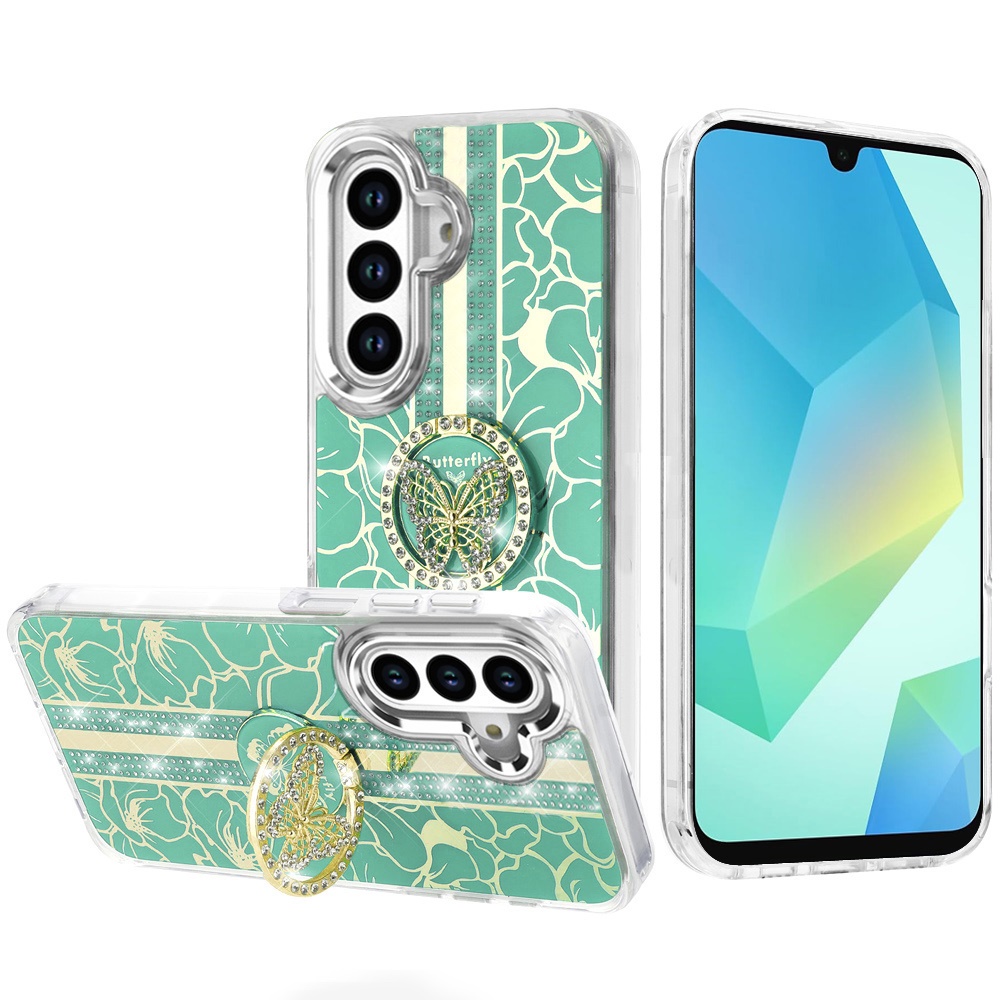 for samsung a16 5g splendid floral designs with metal camera and buttons with butterfly ring stand hybrid case light green
