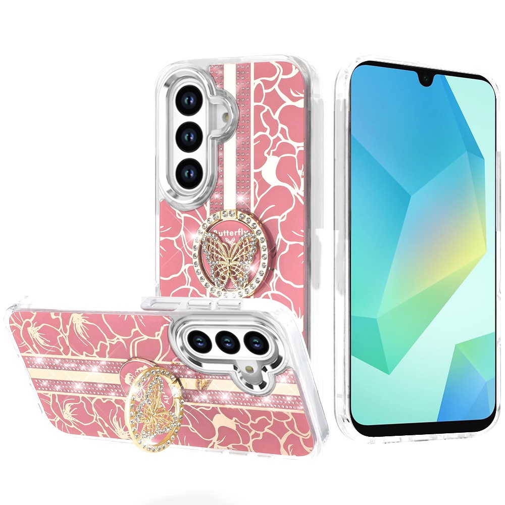 for samsung a16 5g splendid floral designs with metal camera and buttons with butterfly ring stand hybrid case light pink