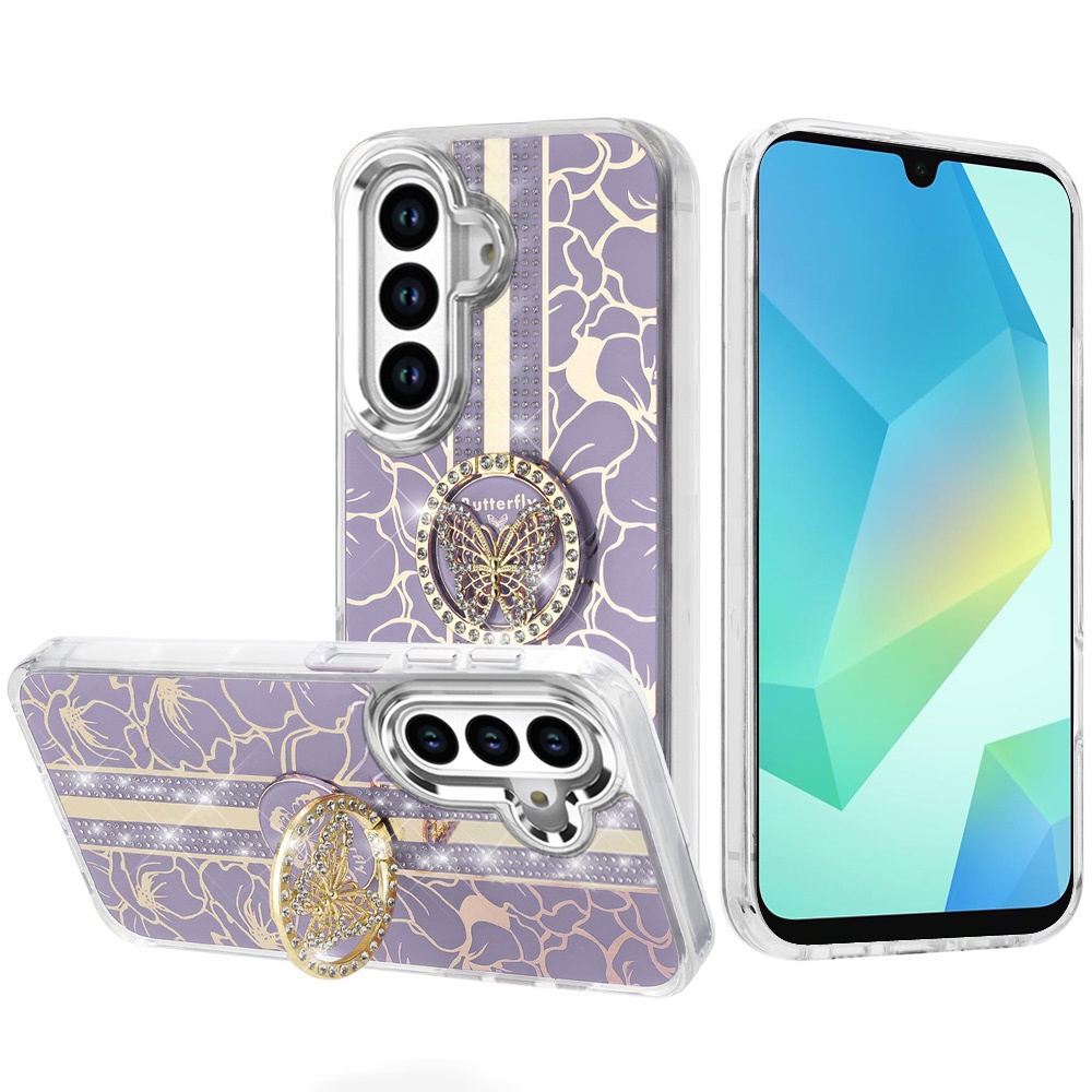 for samsung a16 5g splendid floral designs with metal camera and buttons with butterfly ring stand hybrid case purple