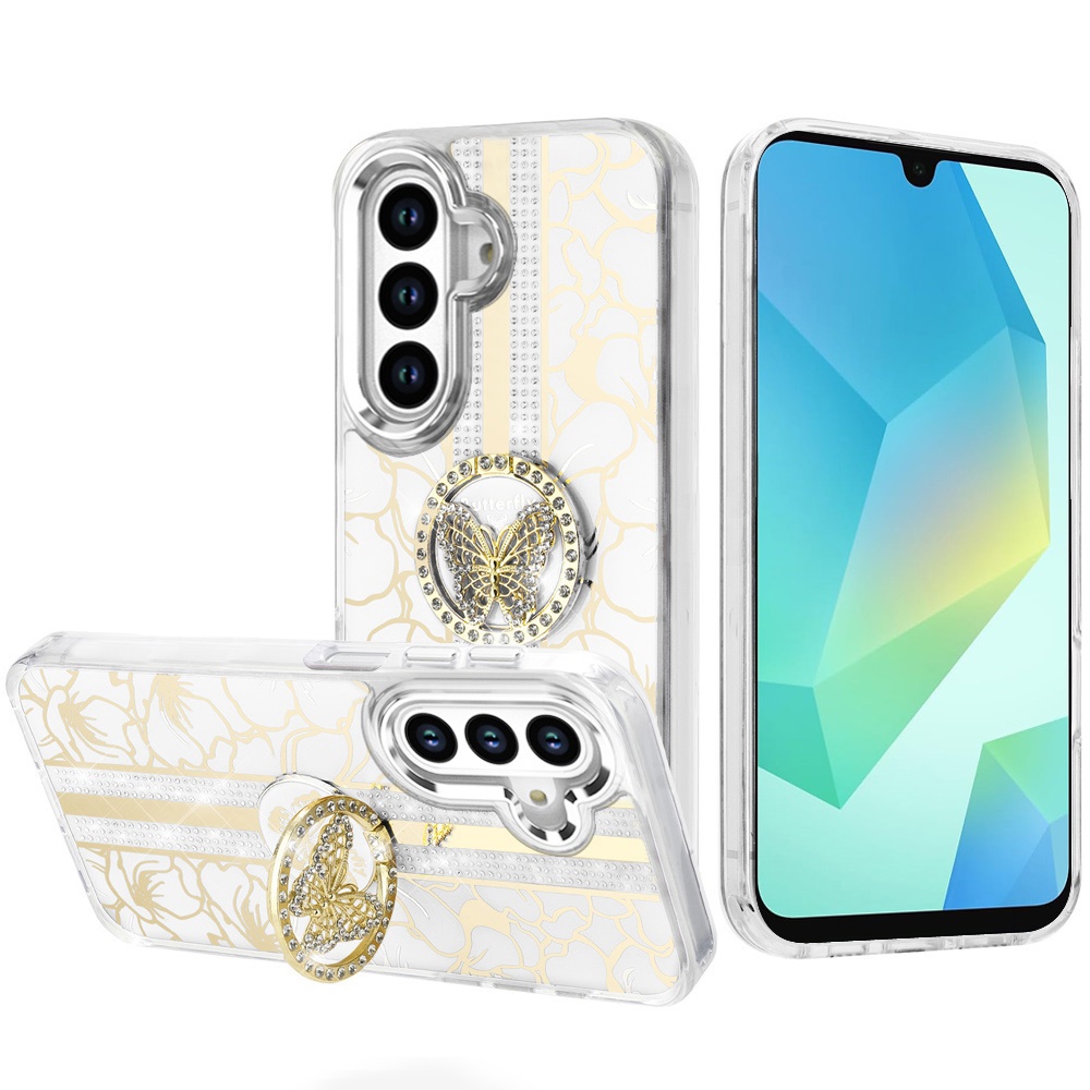 for samsung a16 5g splendid floral designs with metal camera and buttons with butterfly ring stand hybrid case white