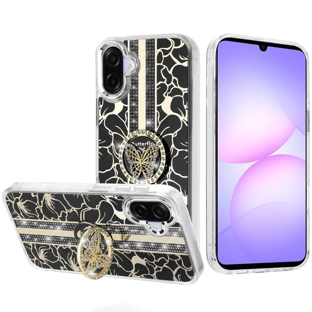 for samsung galaxy a07 splendid floral designs with metal camera and buttons with butterfly ring stand hybrid case black