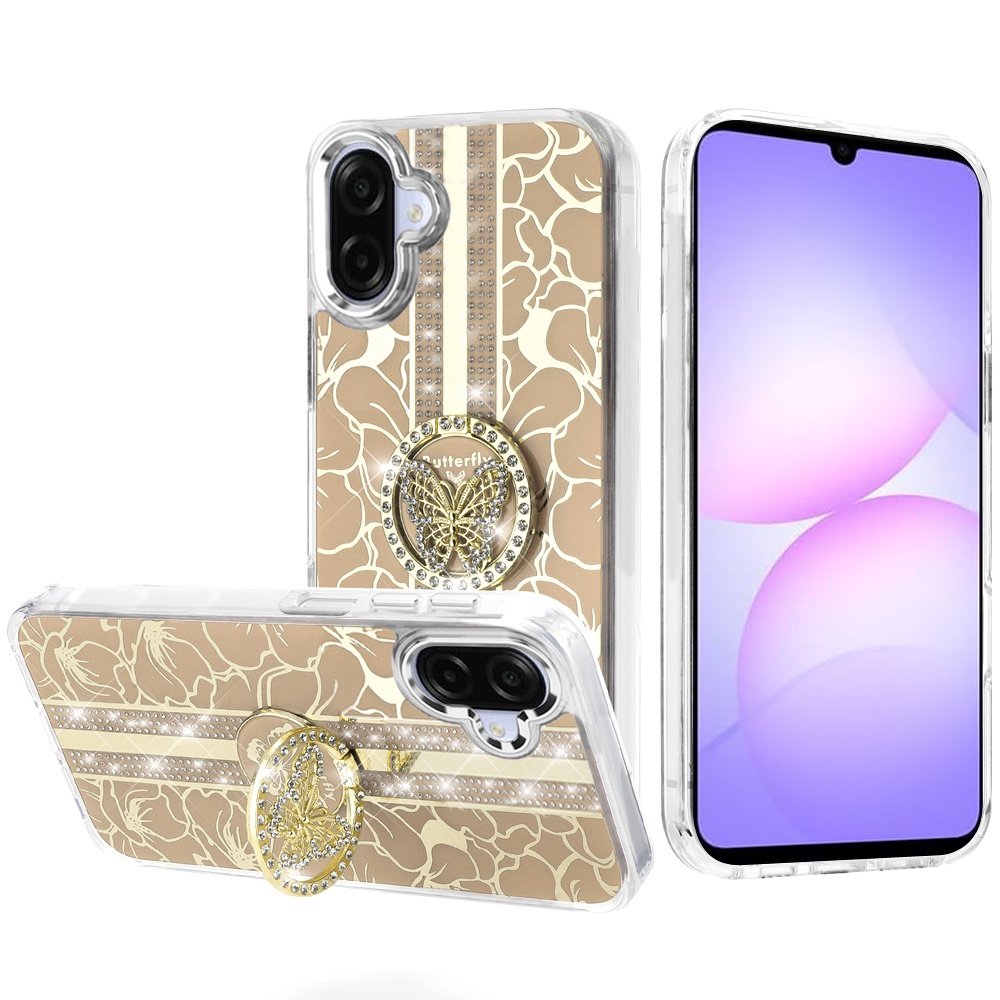 for samsung galaxy a07 splendid floral designs with metal camera and buttons with butterfly ring stand hybrid case gold
