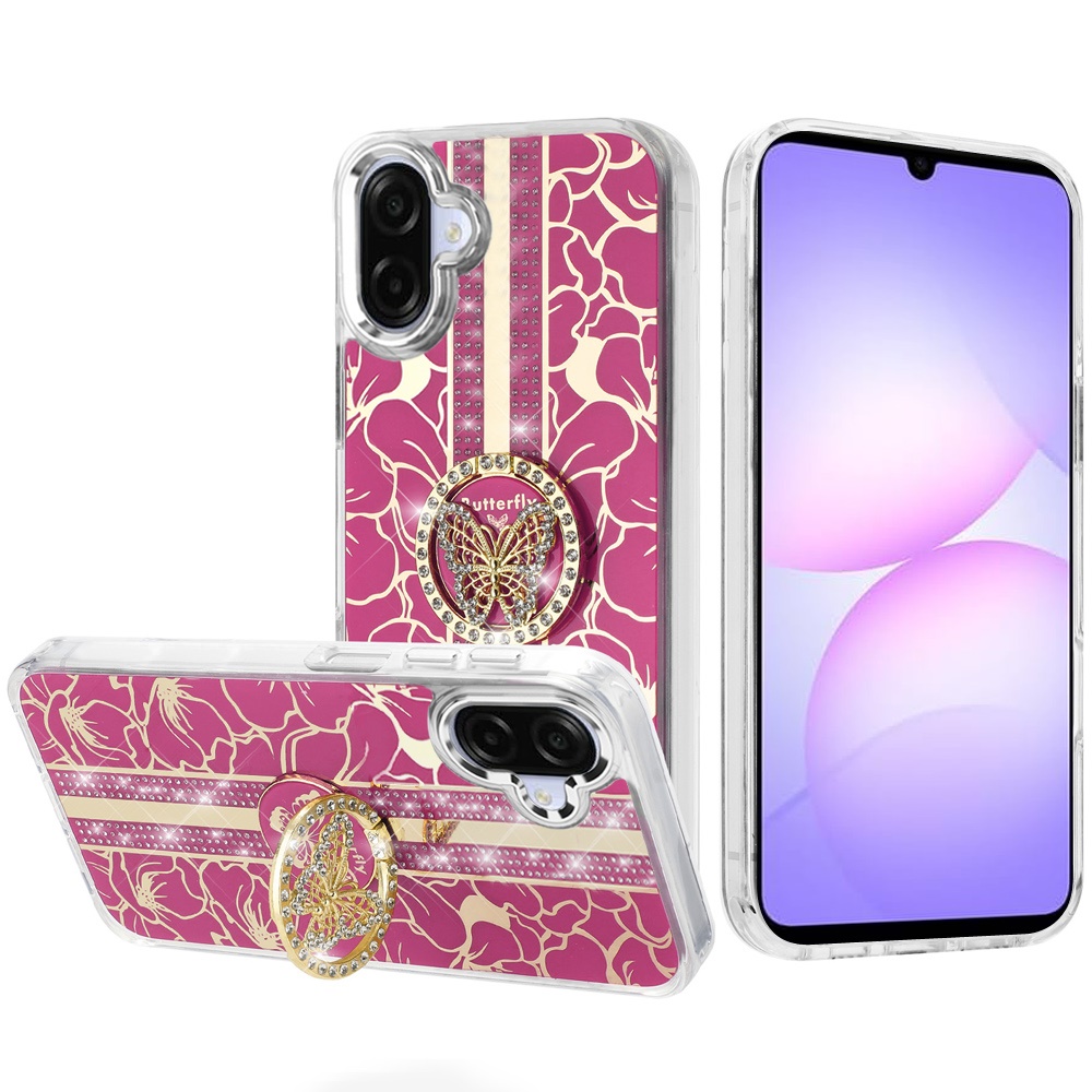 for samsung galaxy a07 splendid floral designs with metal camera and buttons with butterfly ring stand hybrid case hot pink