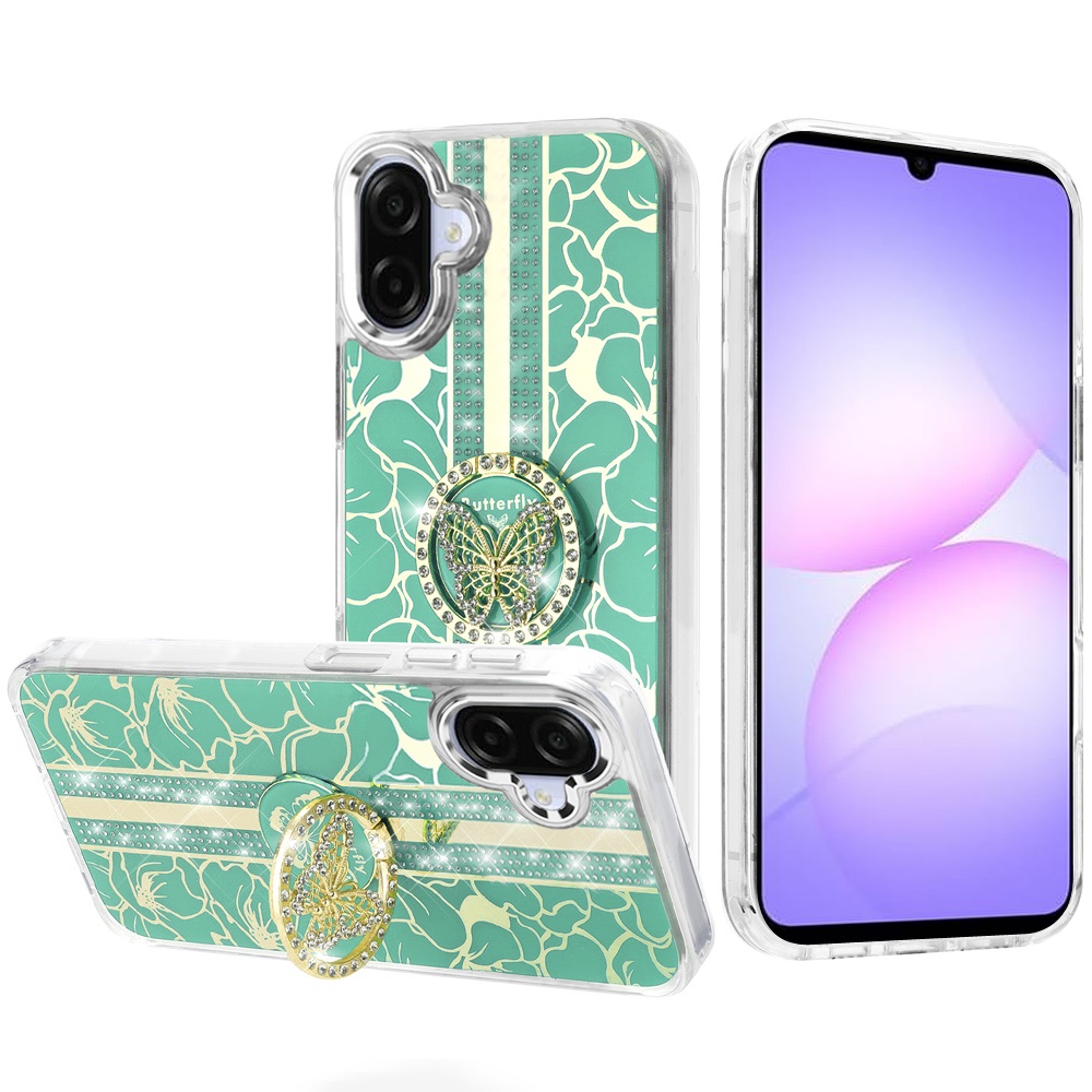 for samsung galaxy a07 splendid floral designs with metal camera and buttons with butterfly ring stand hybrid case light green