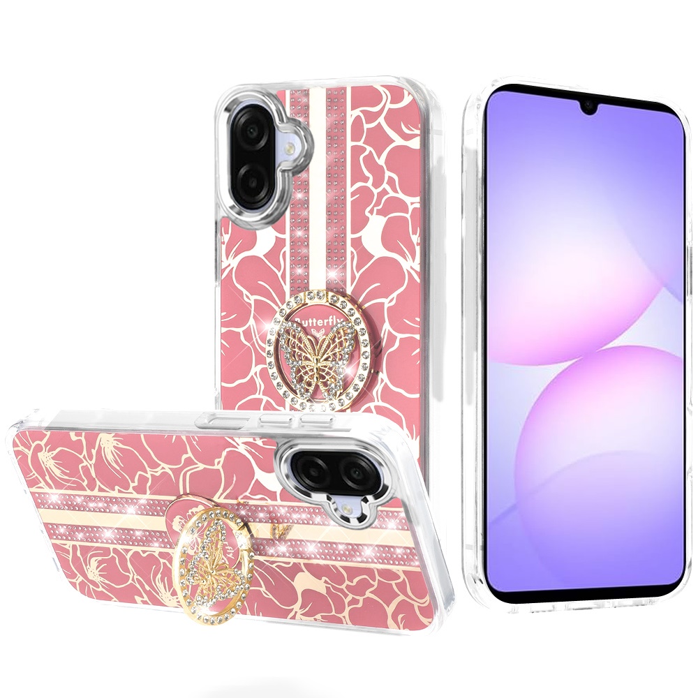 for samsung galaxy a07 splendid floral designs with metal camera and buttons with butterfly ring stand hybrid case light pink