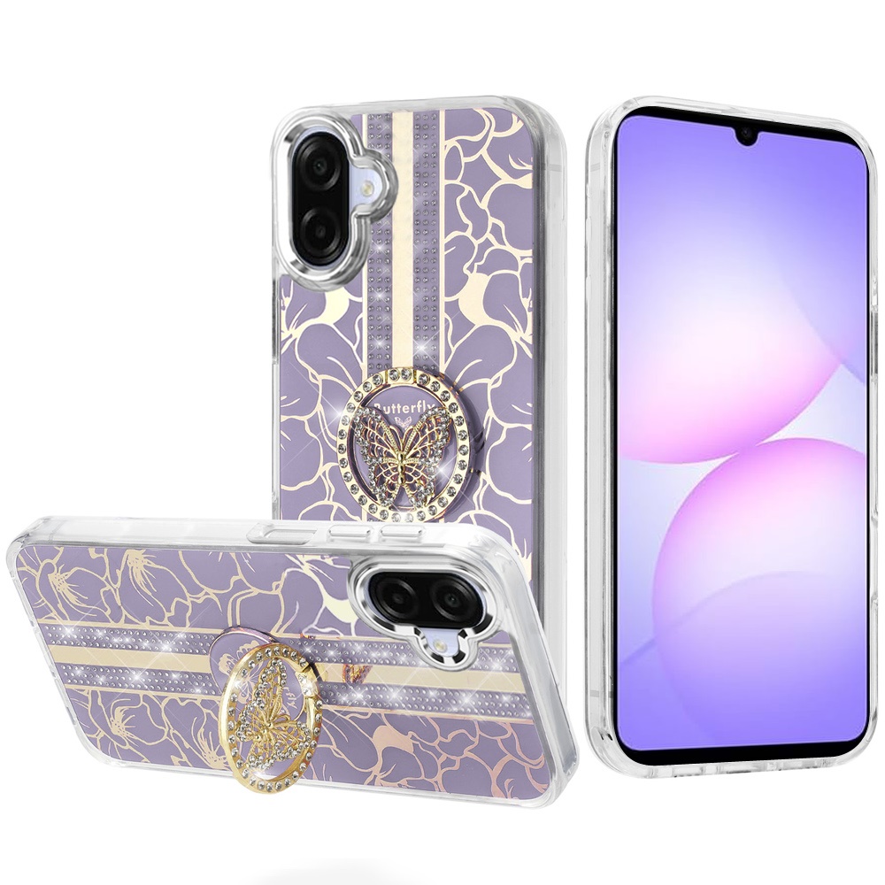 for samsung galaxy a07 splendid floral designs with metal camera and buttons with butterfly ring stand hybrid case purple