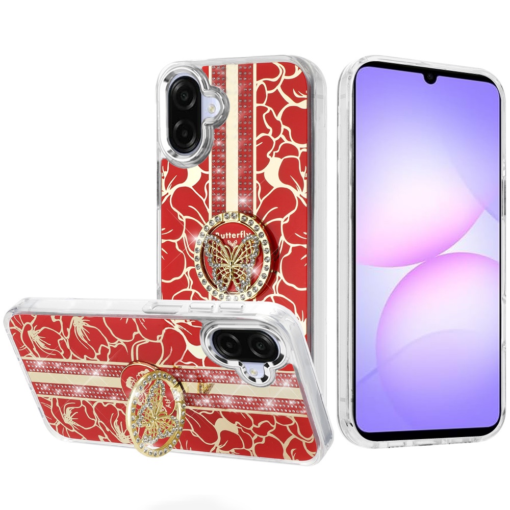 for samsung galaxy a07 splendid floral designs with metal camera and buttons with butterfly ring stand hybrid case red
