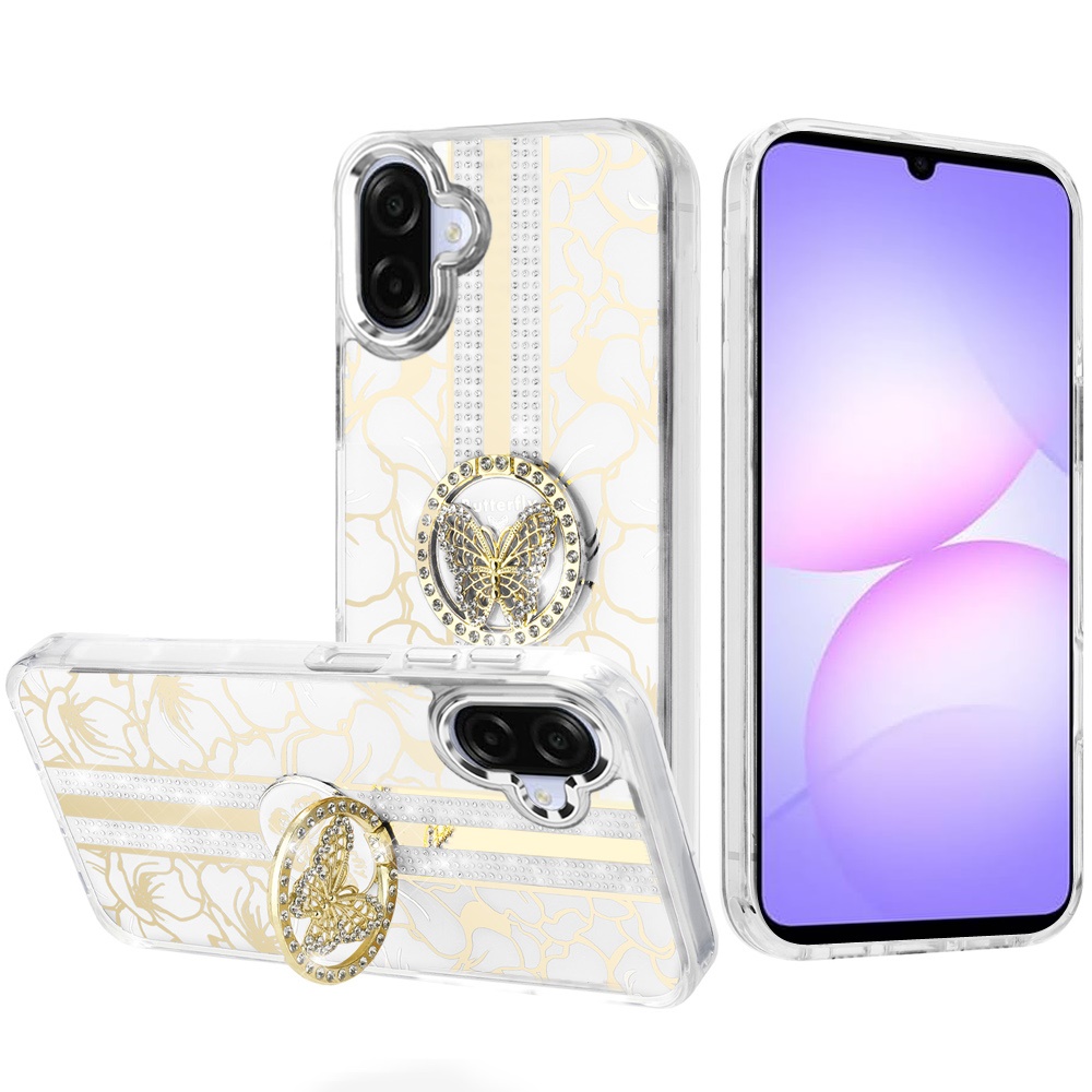 for samsung galaxy a07 splendid floral designs with metal camera and buttons with butterfly ring stand hybrid case white