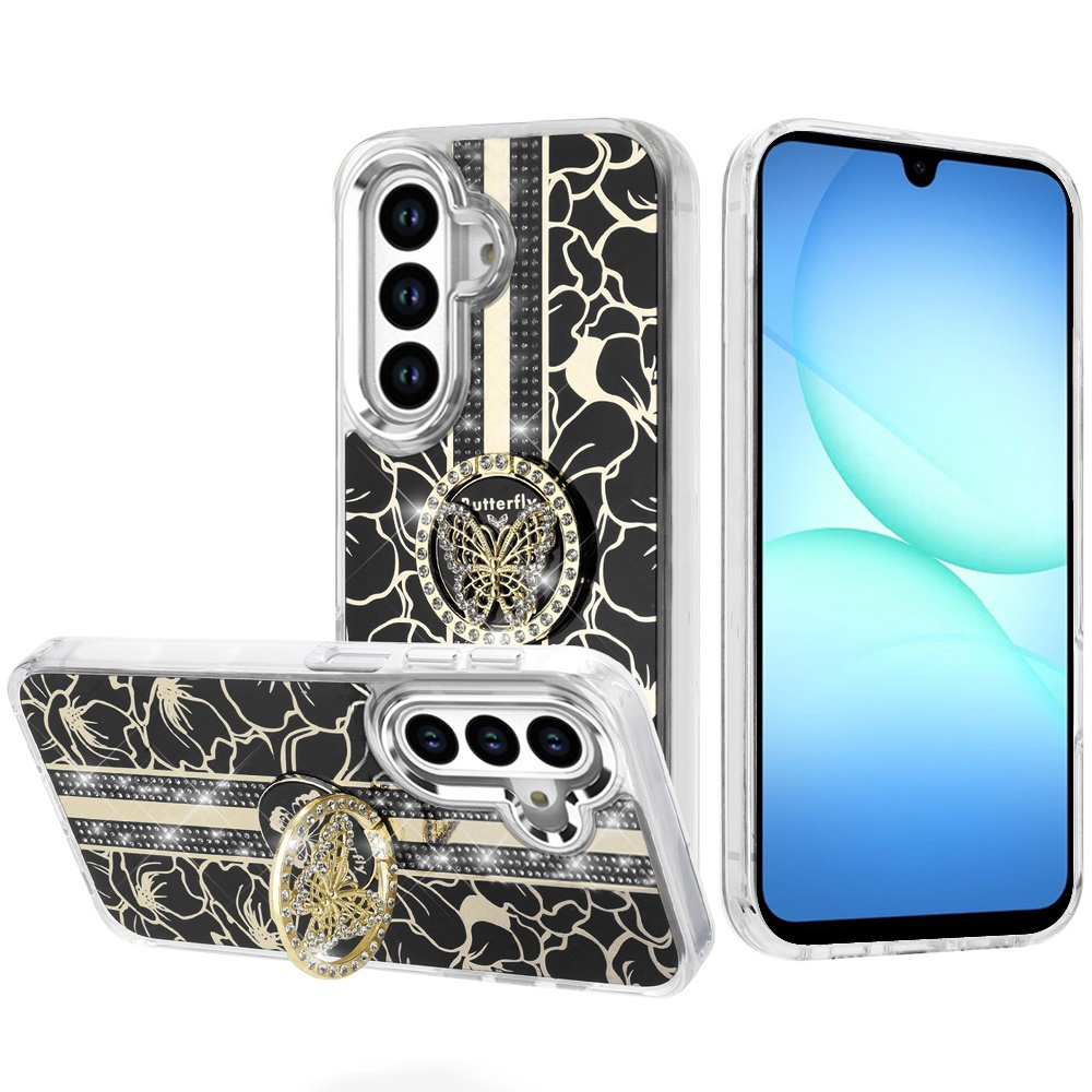 for samsung a17 5g splendid floral designs with metal camera and buttons with butterfly ring stand hybrid case black