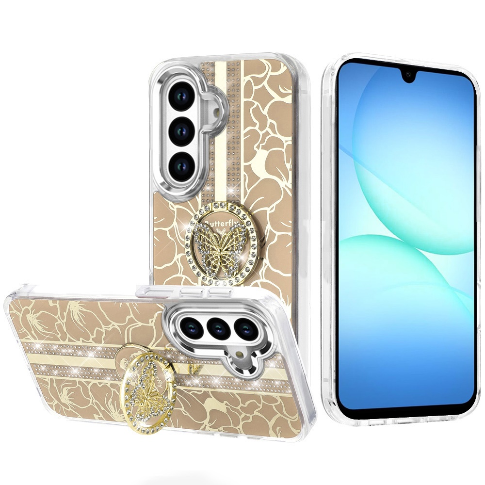 for samsung a17 5g splendid floral designs with metal camera and buttons with butterfly ring stand hybrid case gold