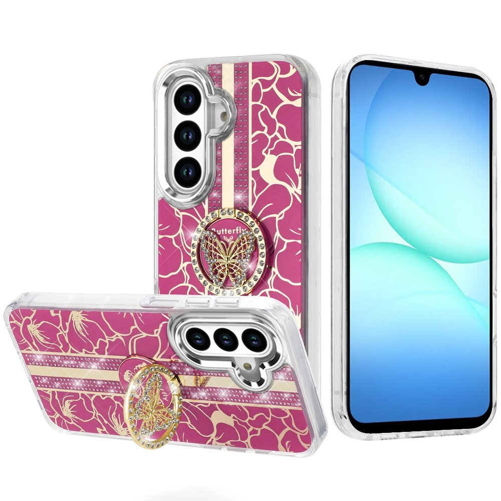 for samsung a17 5g splendid floral designs with metal camera and buttons with butterfly ring stand hybrid case hot pink
