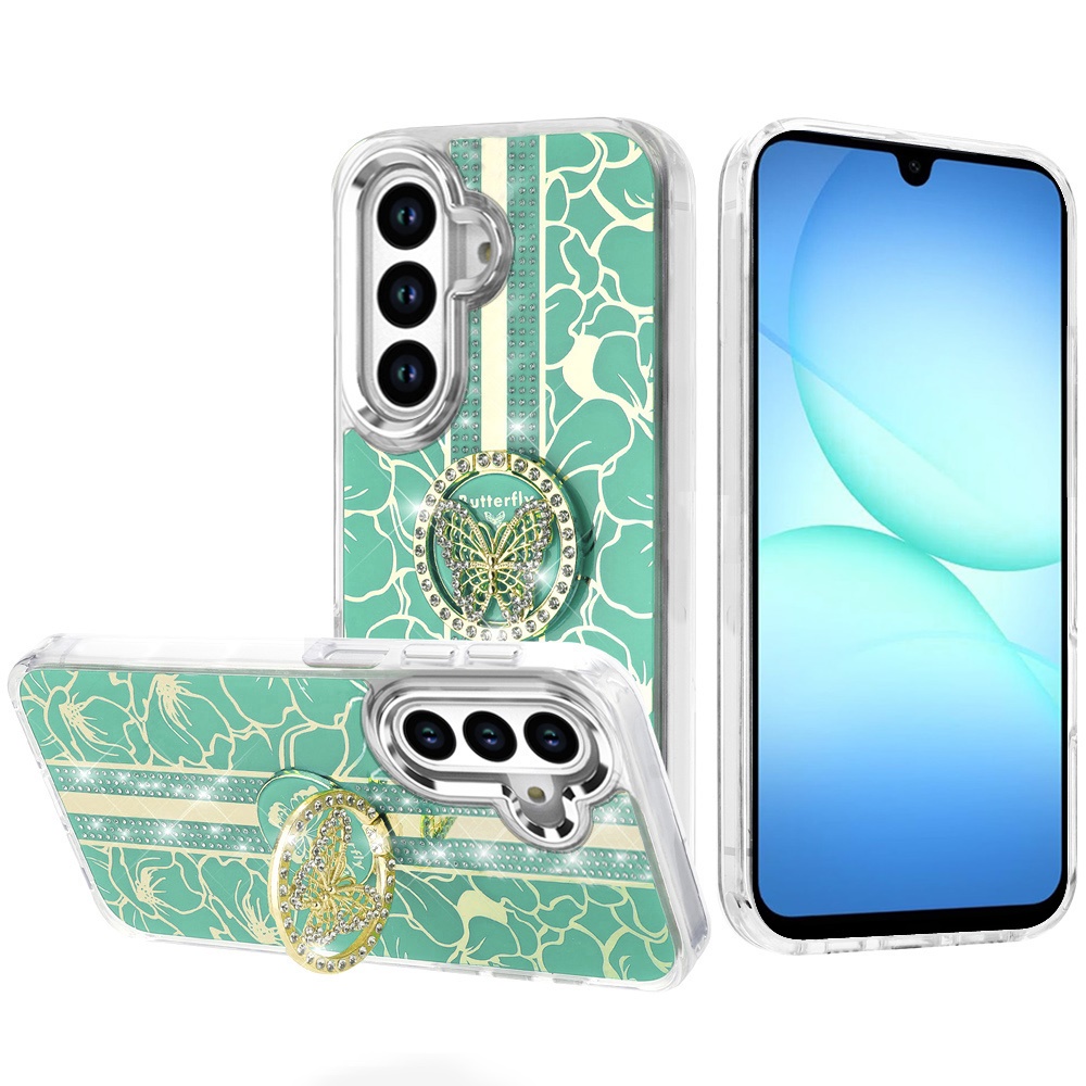 for samsung a17 5g splendid floral designs with metal camera and buttons with butterfly ring stand hybrid case light green