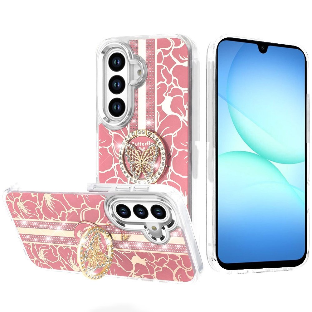 for samsung a17 5g splendid floral designs with metal camera and buttons with butterfly ring stand hybrid case light pink