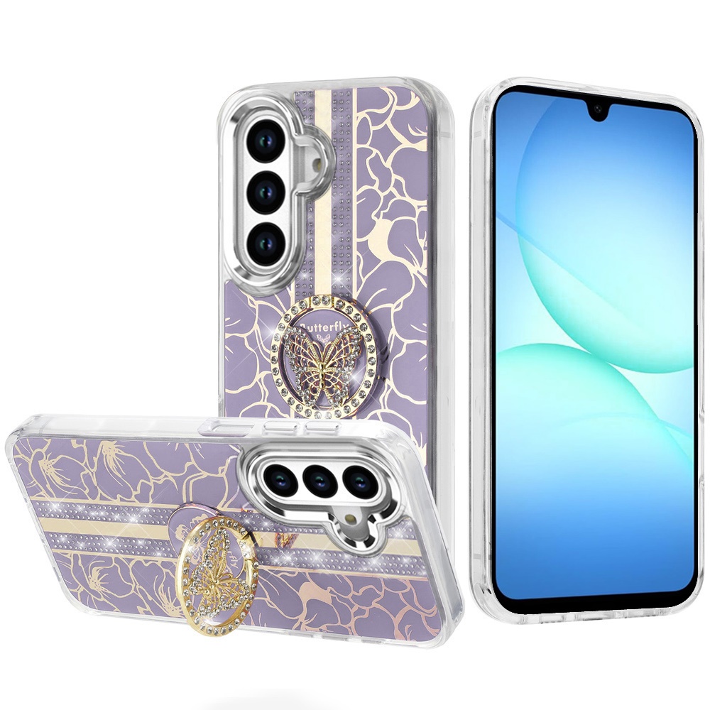 for samsung a17 5g splendid floral designs with metal camera and buttons with butterfly ring stand hybrid case purple