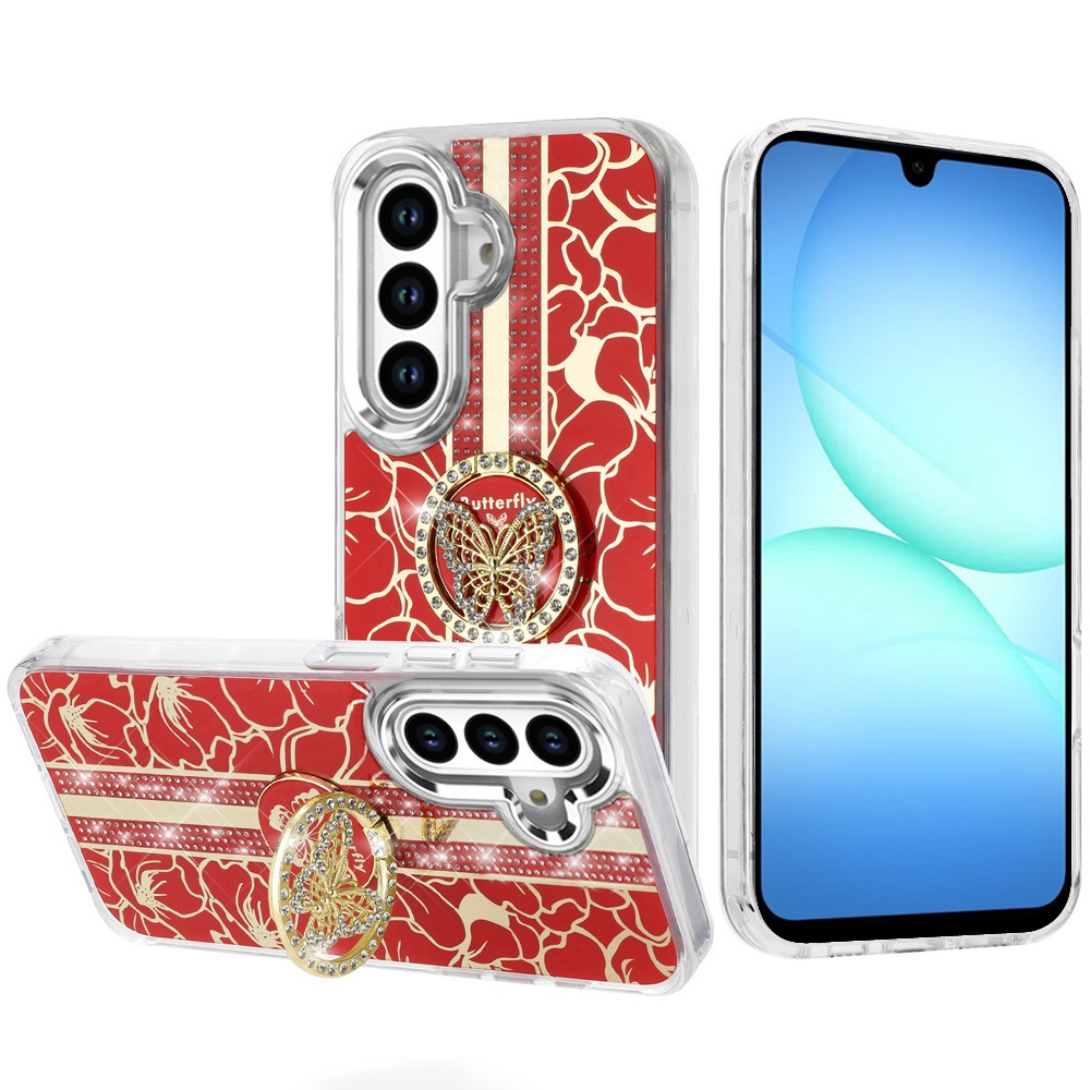 for samsung a17 5g splendid floral designs with metal camera and buttons with butterfly ring stand hybrid case red