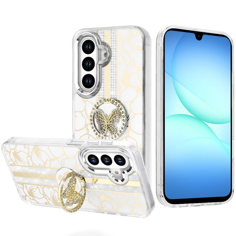 for samsung a17 5g splendid floral designs with metal camera and buttons with butterfly ring stand hybrid case white