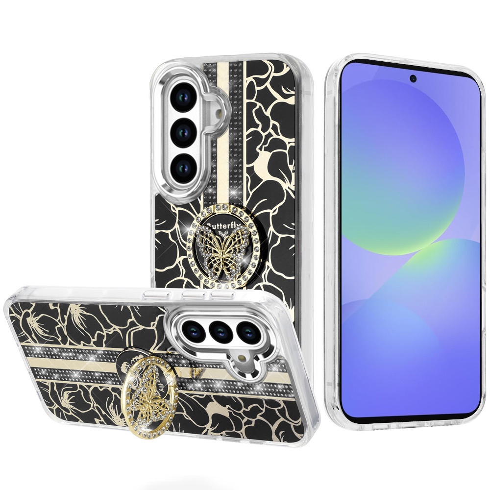for samsung galaxy a36 / a56 splendid floral designs with metal camera and buttons with butterfly ring stand hybrid case black