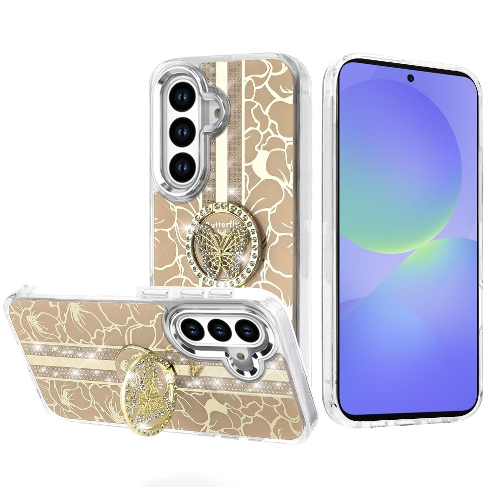 for samsung galaxy a36 / a56 splendid floral designs with metal camera and buttons with butterfly ring stand hybrid case gold