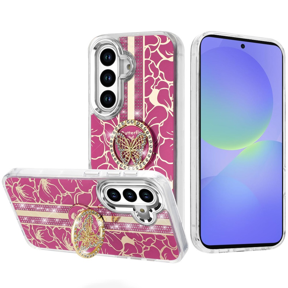 for samsung galaxy a36 / a56 splendid floral designs with metal camera and buttons with butterfly ring stand hybrid case hot pink