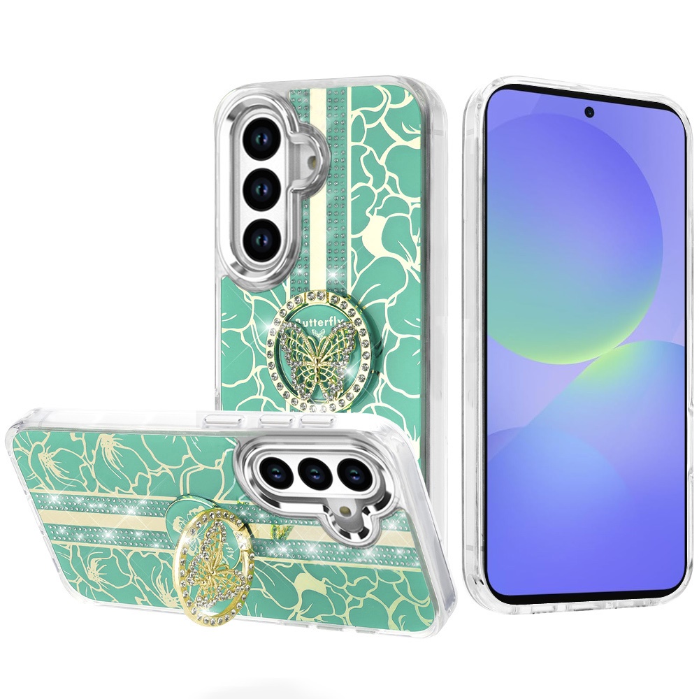 for samsung galaxy a36 / a56 splendid floral designs with metal camera and buttons with butterfly ring stand hybrid case light green