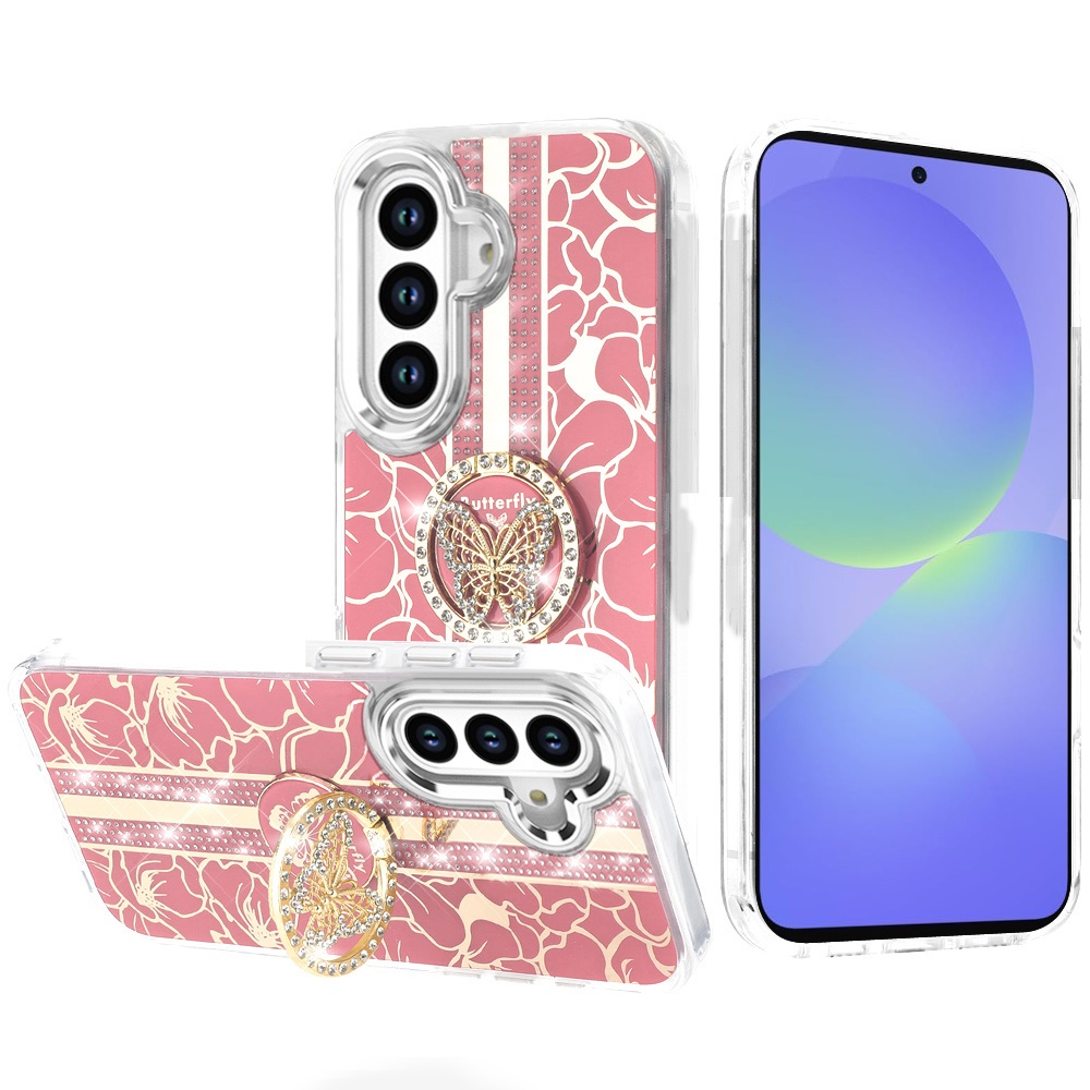 for samsung galaxy a36 / a56 splendid floral designs with metal camera and buttons with butterfly ring stand hybrid case light pink