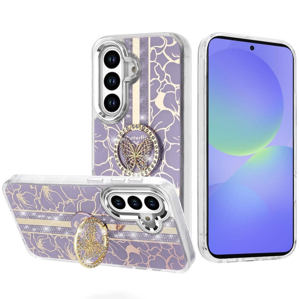 for samsung galaxy a36 / a56 splendid floral designs with metal camera and buttons with butterfly ring stand hybrid case purple