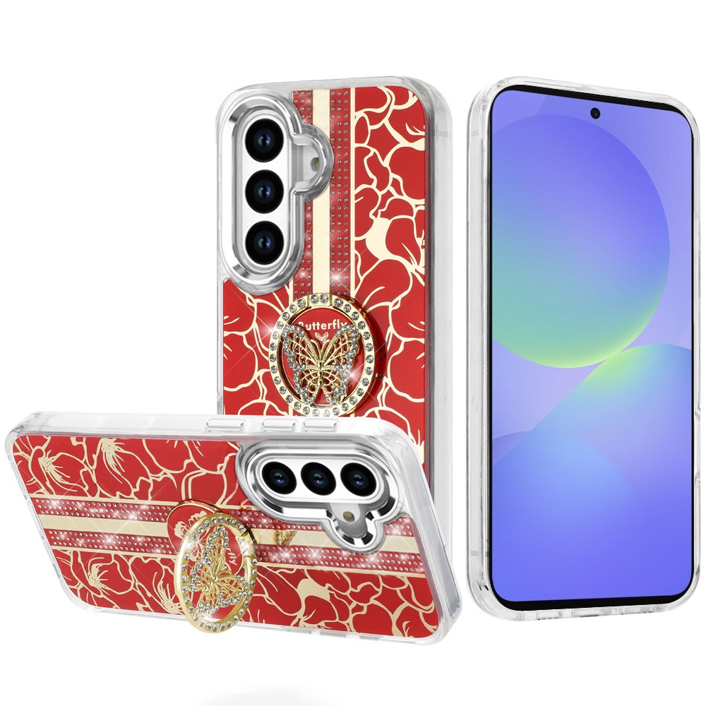 for samsung galaxy a36 / a56 splendid floral designs with metal camera and buttons with butterfly ring stand hybrid case red