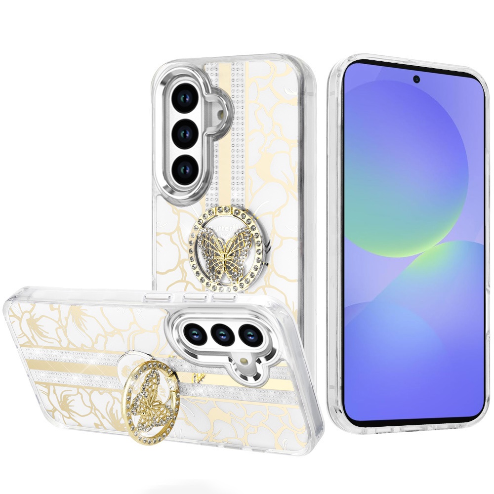 for samsung galaxy a36 / a56 splendid floral designs with metal camera and buttons with butterfly ring stand hybrid case white