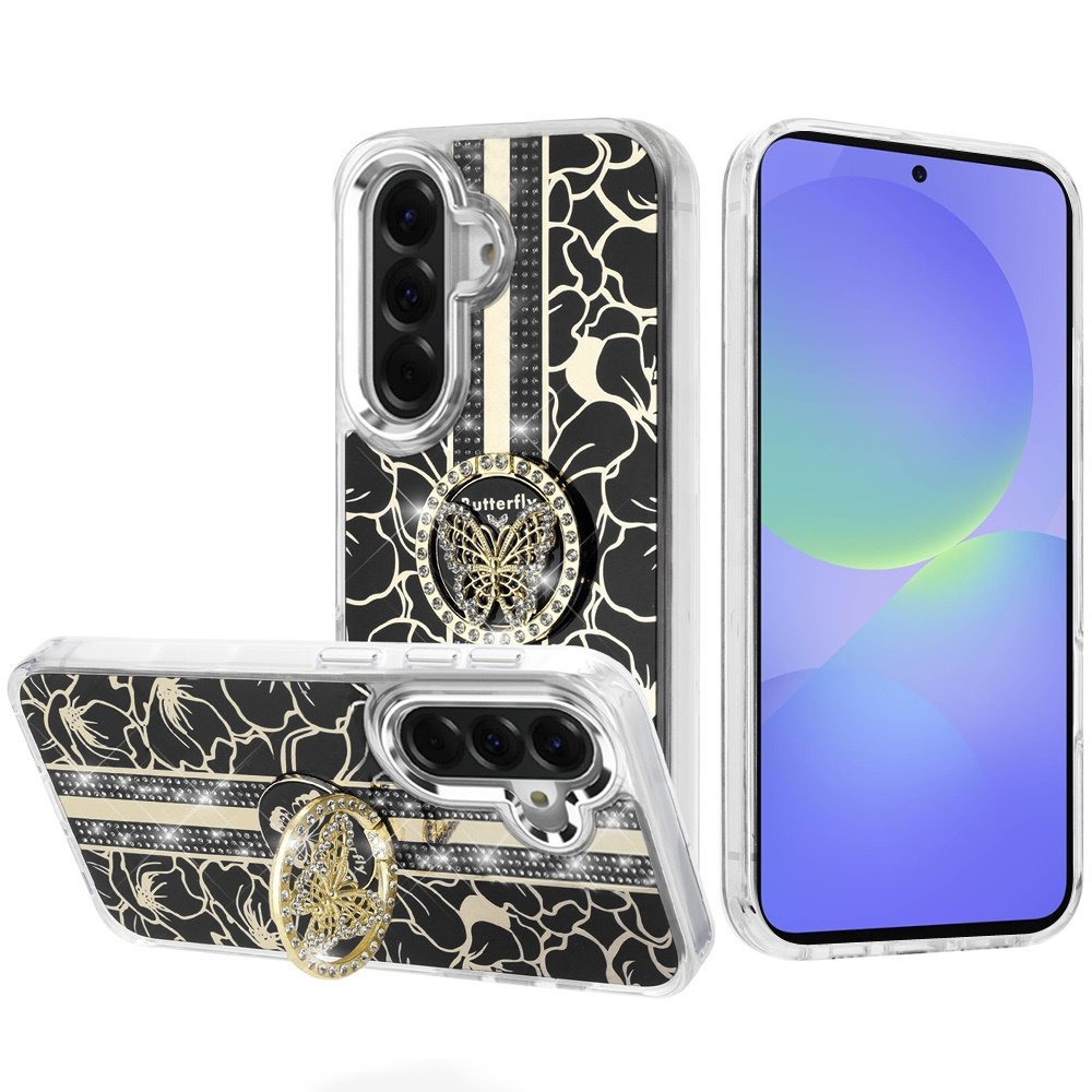 for samsung galaxy a37 splendid floral designs with metal camera and buttons with butterfly ring stand hybrid case black