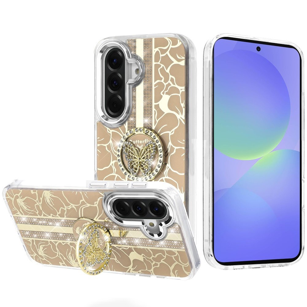 for samsung galaxy a37 splendid floral designs with metal camera and buttons with butterfly ring stand hybrid case gold