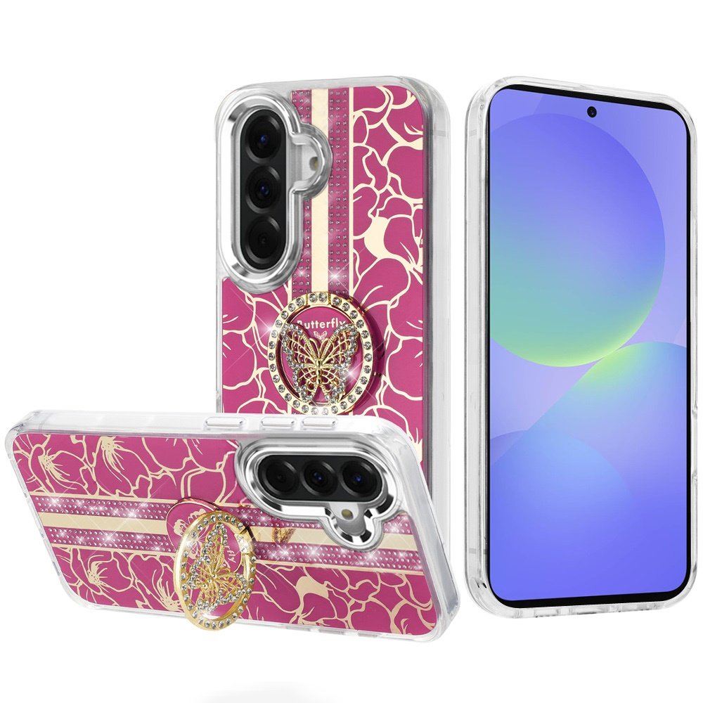 for samsung galaxy a37 splendid floral designs with metal camera and buttons with butterfly ring stand hybrid case hot pink