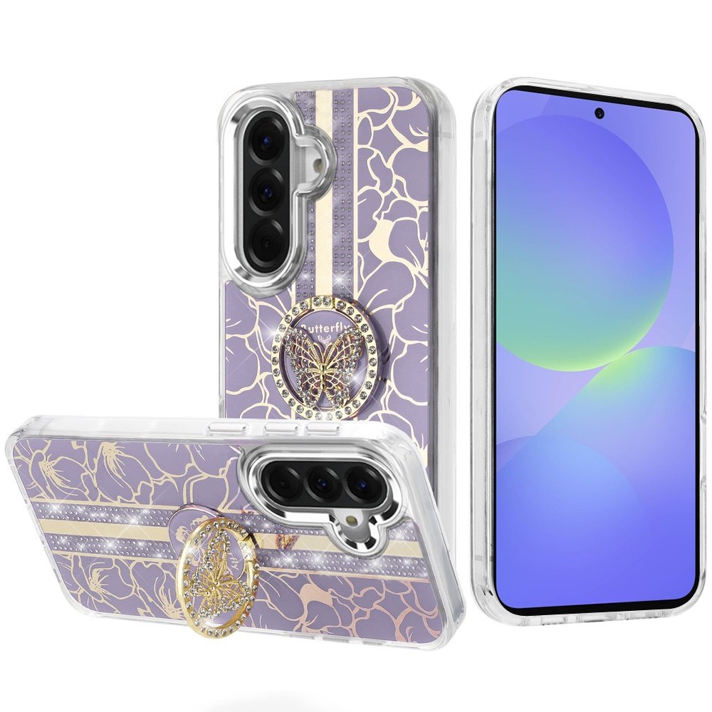 for samsung galaxy a37 splendid floral designs with metal camera and buttons with butterfly ring stand hybrid case purple
