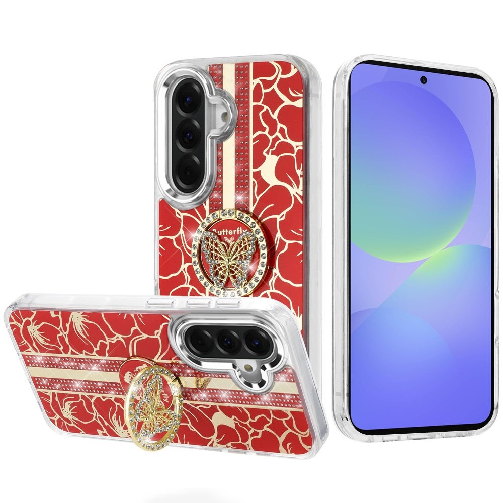 for samsung galaxy a37 splendid floral designs with metal camera and buttons with butterfly ring stand hybrid case red