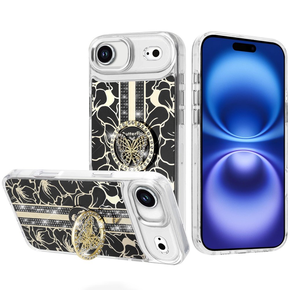 for iphone 17 air splendid floral designs with metal camera and buttons with butterfly ring stand hybrid case black