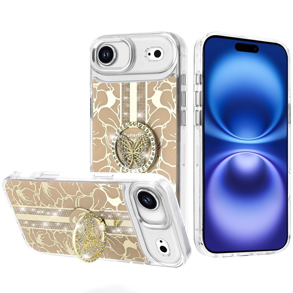 for iphone 17 air splendid floral designs with metal camera and buttons with butterfly ring stand hybrid case gold