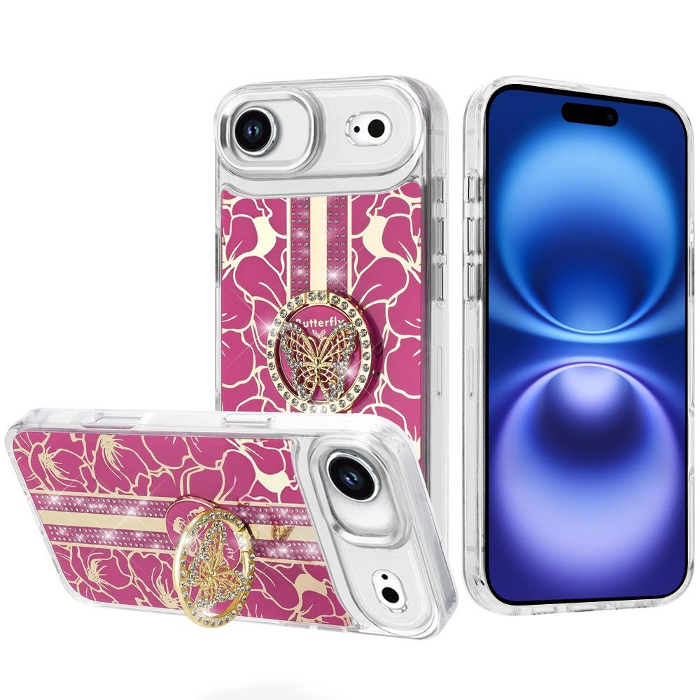 for iphone 17 air splendid floral designs with metal camera and buttons with butterfly ring stand hybrid case hot pink