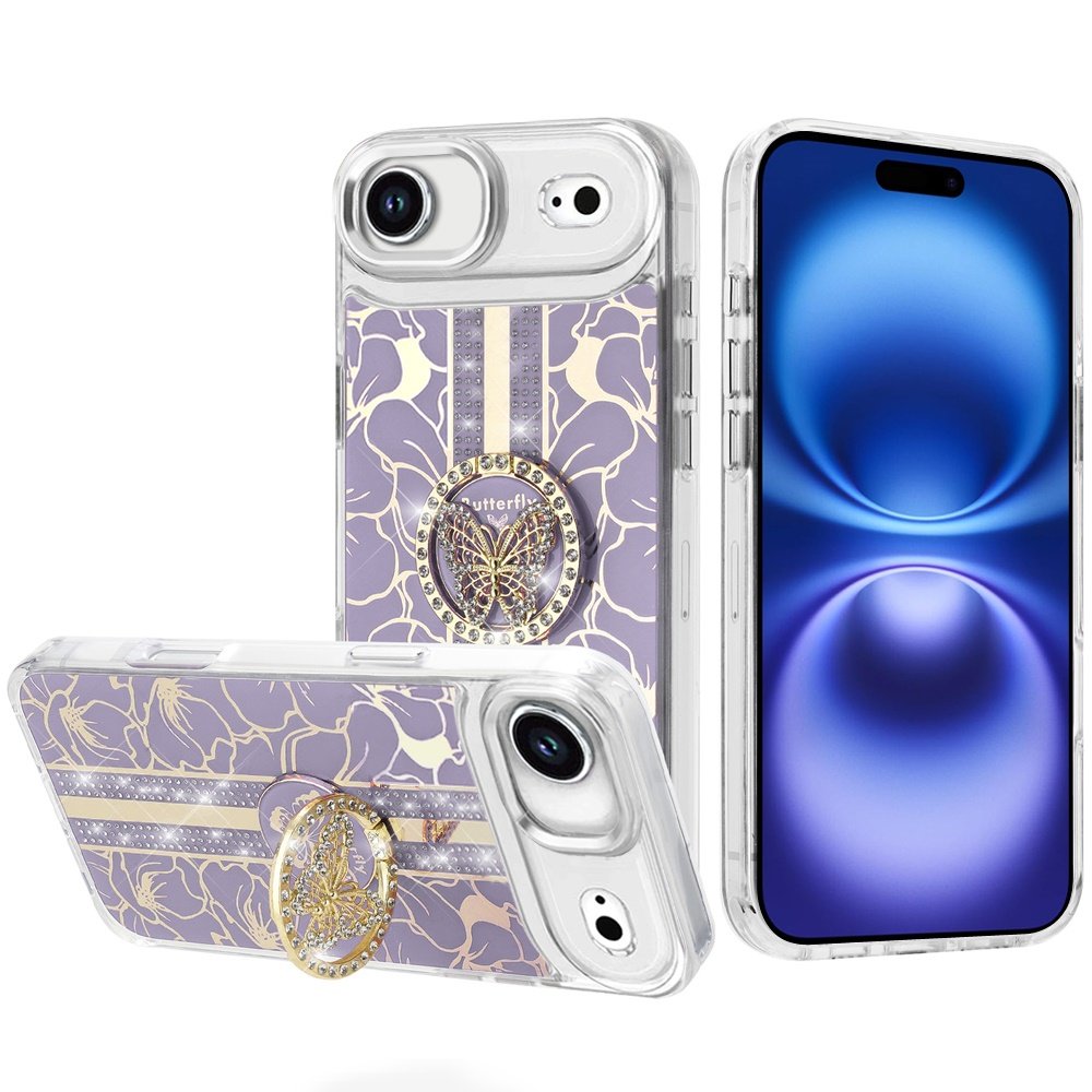 for iphone 17 air splendid floral designs with metal camera and buttons with butterfly ring stand hybrid case purple
