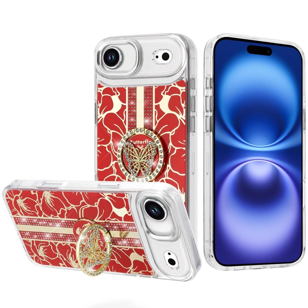 for iphone 17 air splendid floral designs with metal camera and buttons with butterfly ring stand hybrid case red
