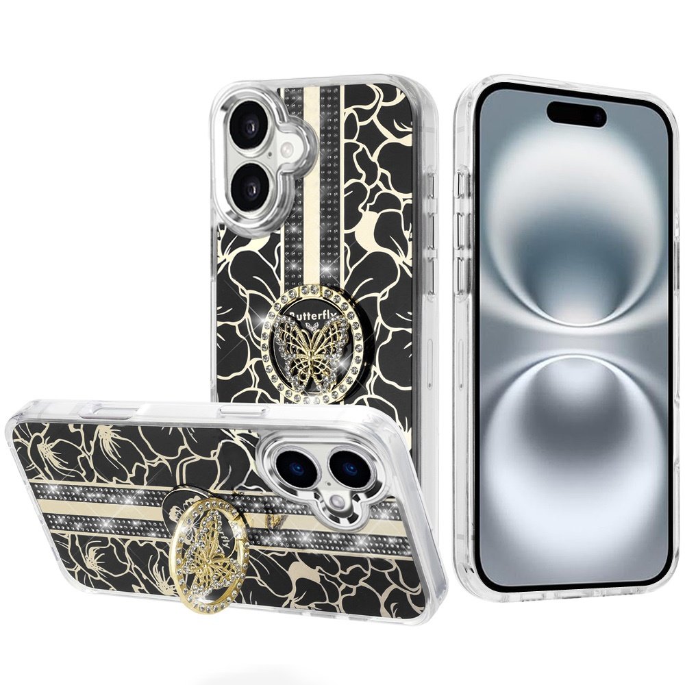 for iphone 16 6.1 inch splendid floral designs with metal camera and buttons with butterfly ring stand hybrid case black