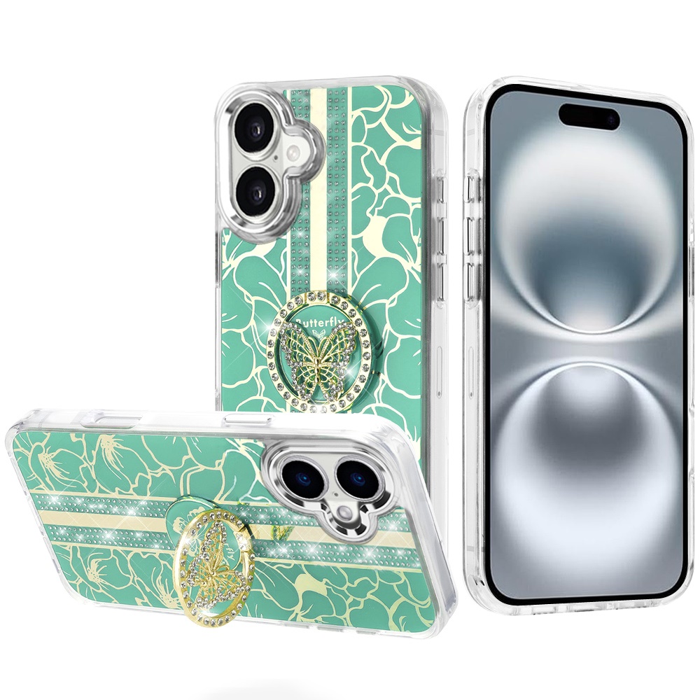 for iphone 17e / 16e / se4 splendid floral designs with metal camera and buttons with butterfly ring stand hybrid case light green