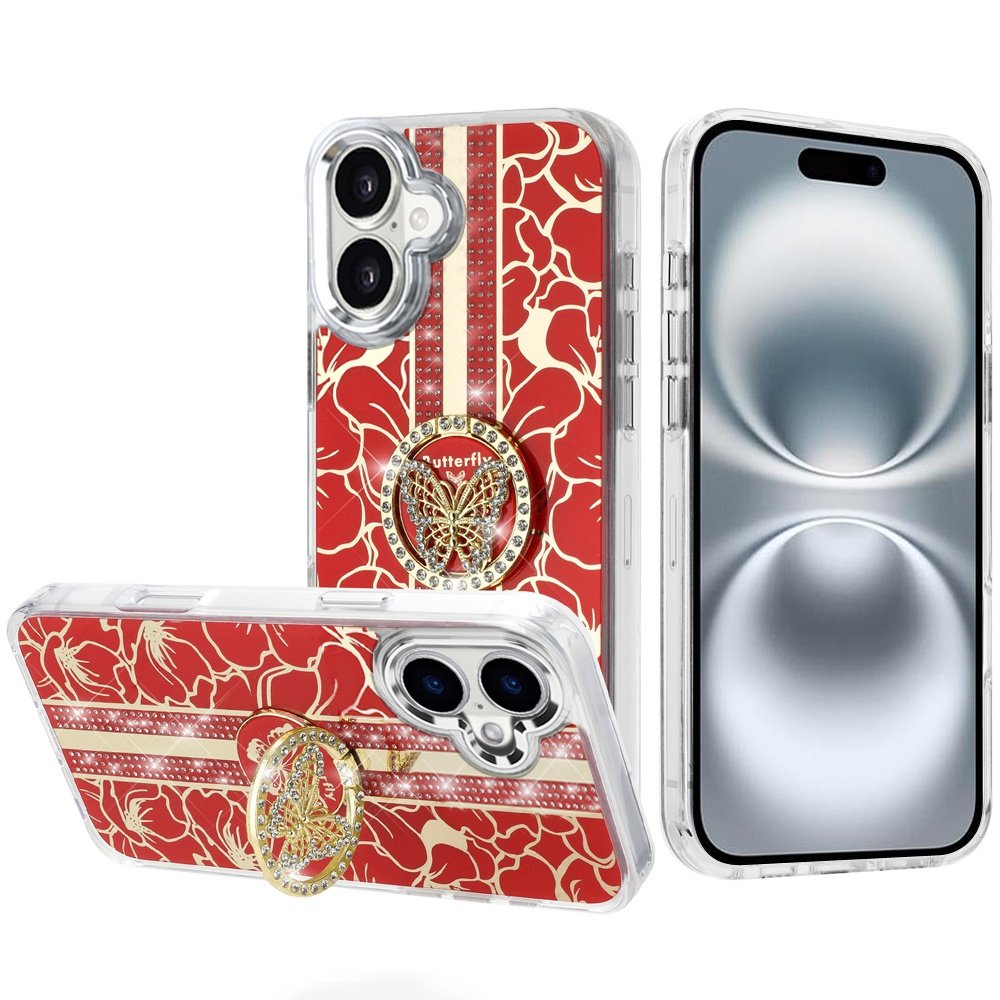 for iphone 16 6.1 inch splendid floral designs with metal camera and buttons with butterfly ring stand hybrid case red