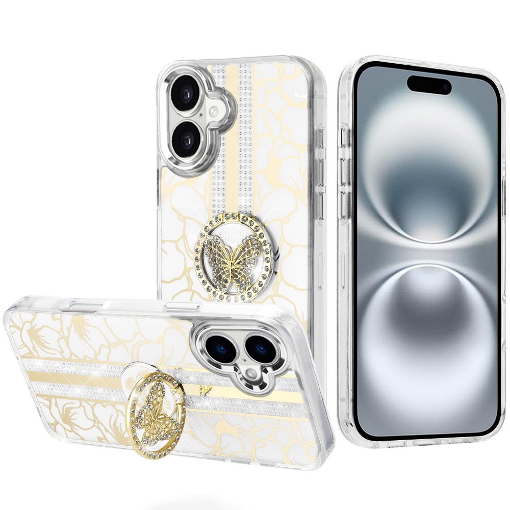 for iphone 16 6.1 inch splendid floral designs with metal camera and buttons with butterfly ring stand hybrid case white