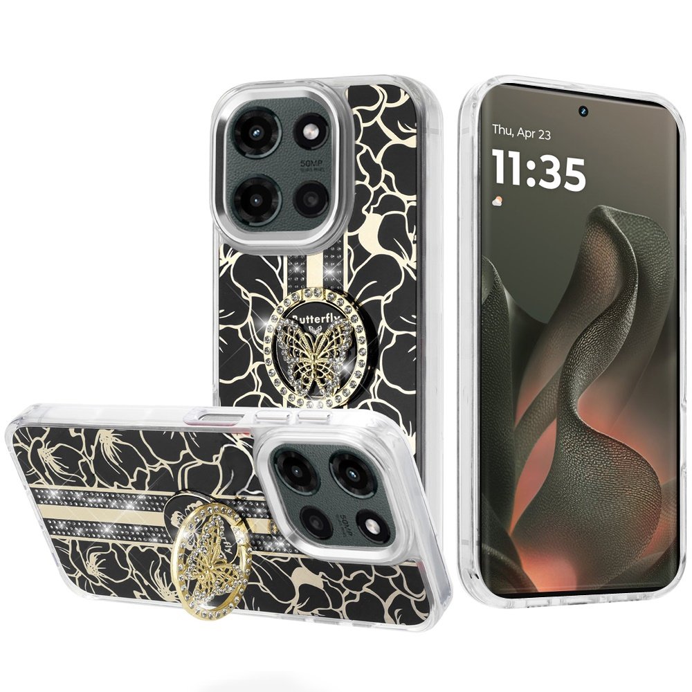 for motorola edge 2025 splendid floral designs with metal camera and buttons with butterfly ring stand hybrid case black