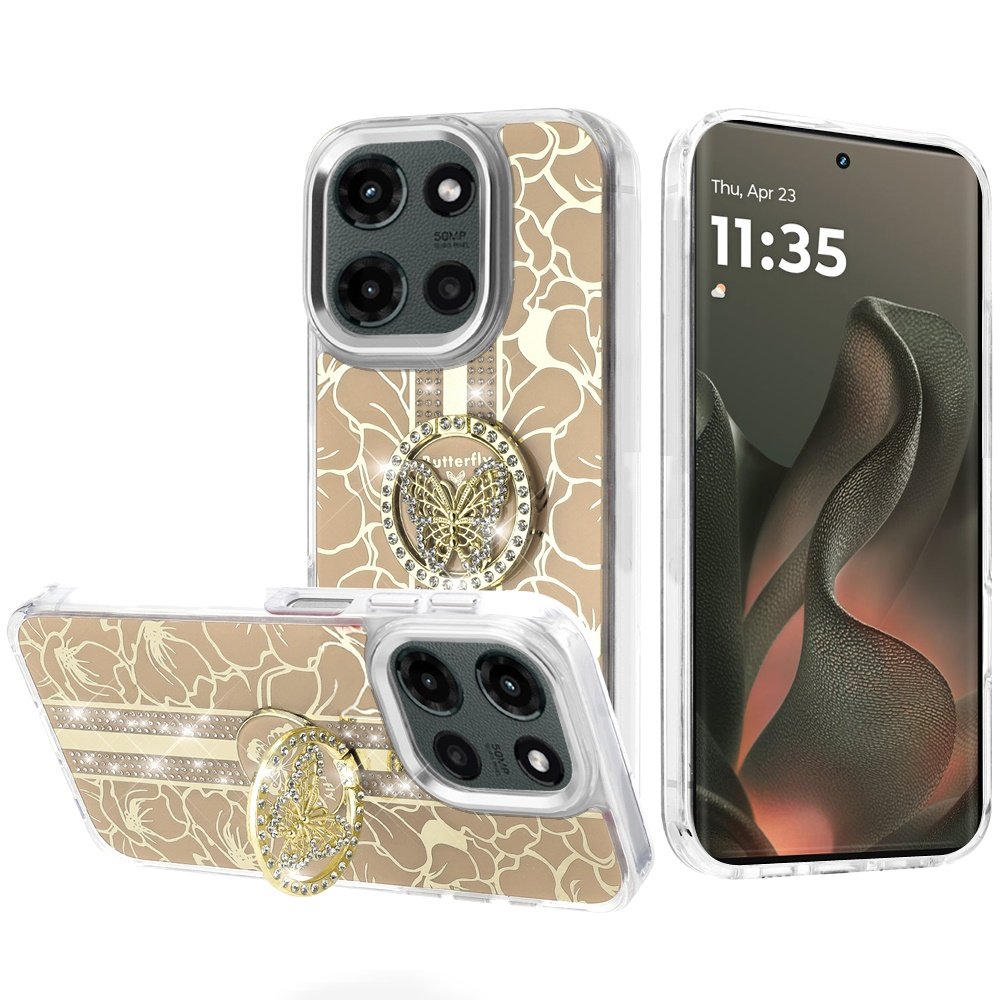 for motorola edge 2025 splendid floral designs with metal camera and buttons with butterfly ring stand hybrid case gold