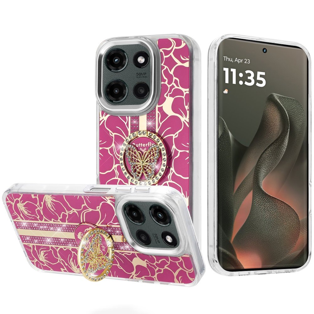 for motorola edge 2025 splendid floral designs with metal camera and buttons with butterfly ring stand hybrid case hot pink