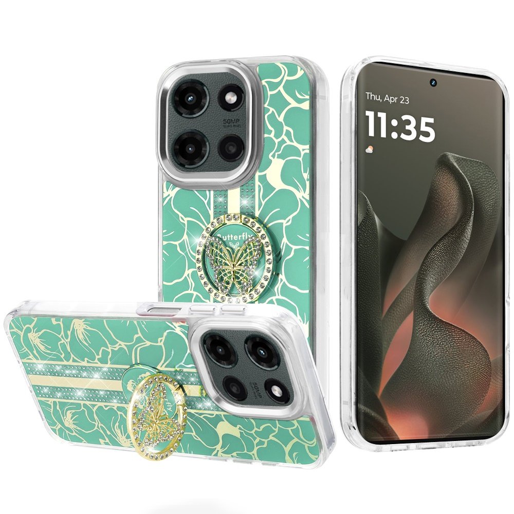 for motorola edge 2025 splendid floral designs with metal camera and buttons with butterfly ring stand hybrid case light green