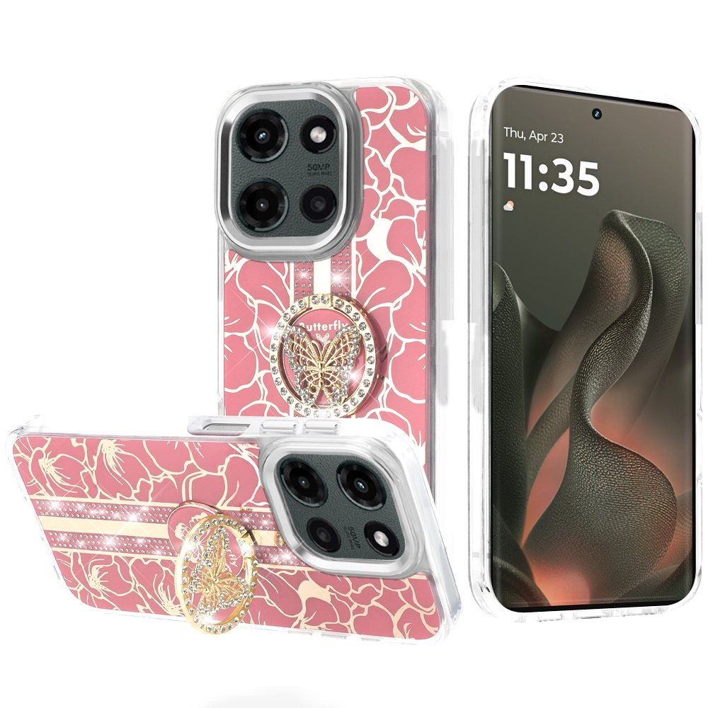 for motorola edge 2025 splendid floral designs with metal camera and buttons with butterfly ring stand hybrid case light pink