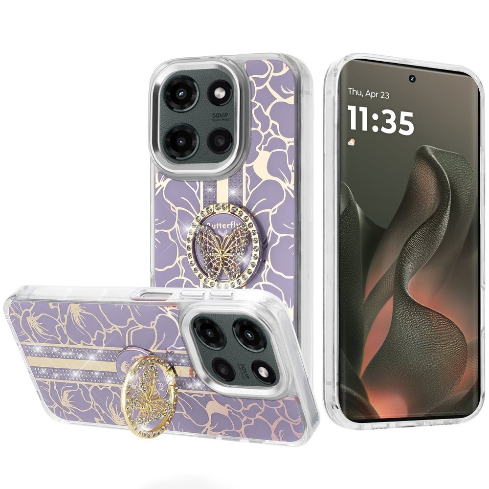 for motorola edge 2025 splendid floral designs with metal camera and buttons with butterfly ring stand hybrid case purple